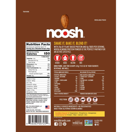 NOOSH chocolate protein powder scoop showing easy mix for shakes and bowls