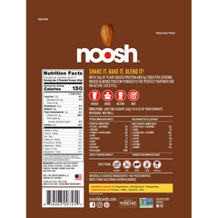 NOOSH chocolate protein powder scoop showing easy mix for shakes and bowls