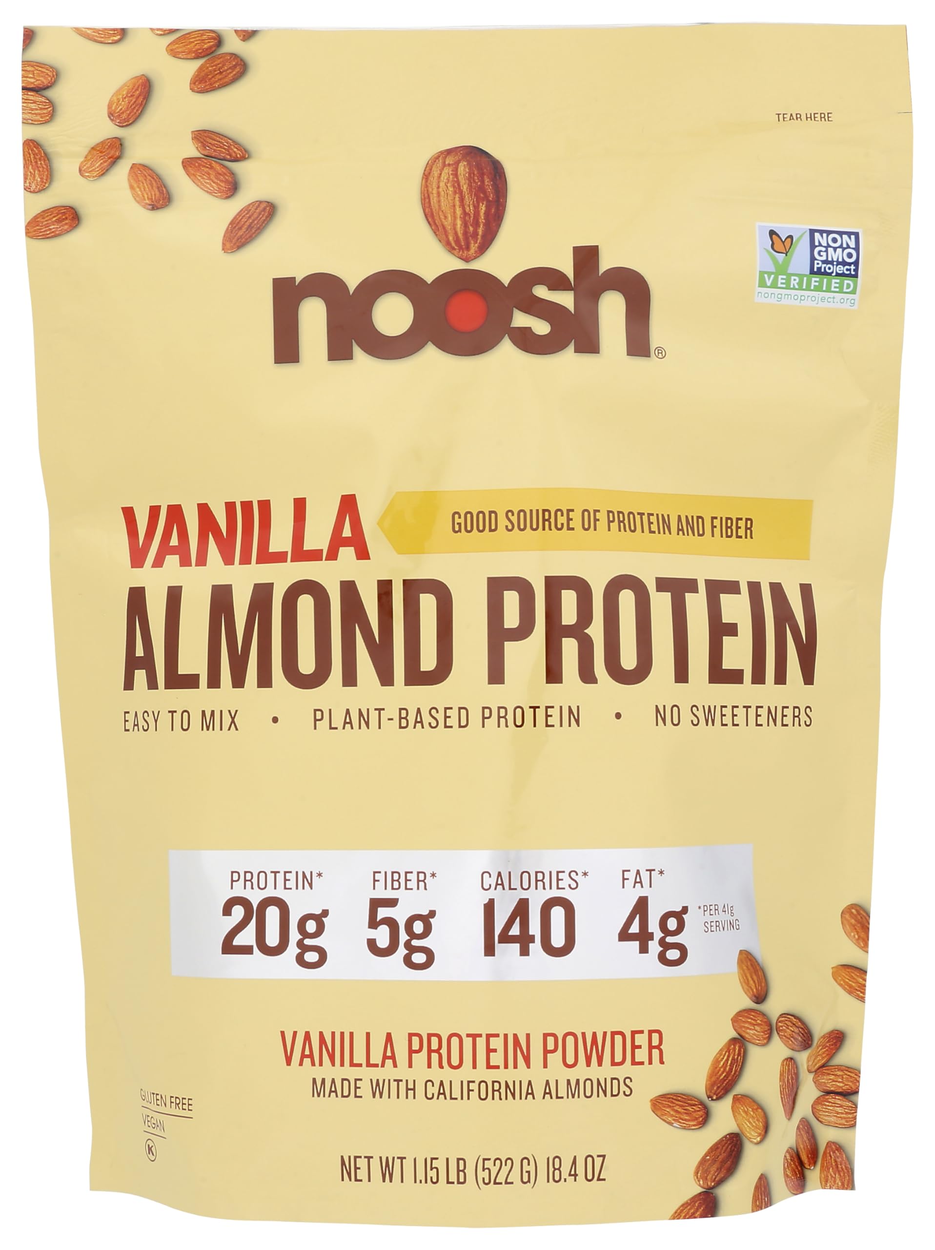 NOOSH vanilla almond protein powder jar front, premium, gluten-free formula