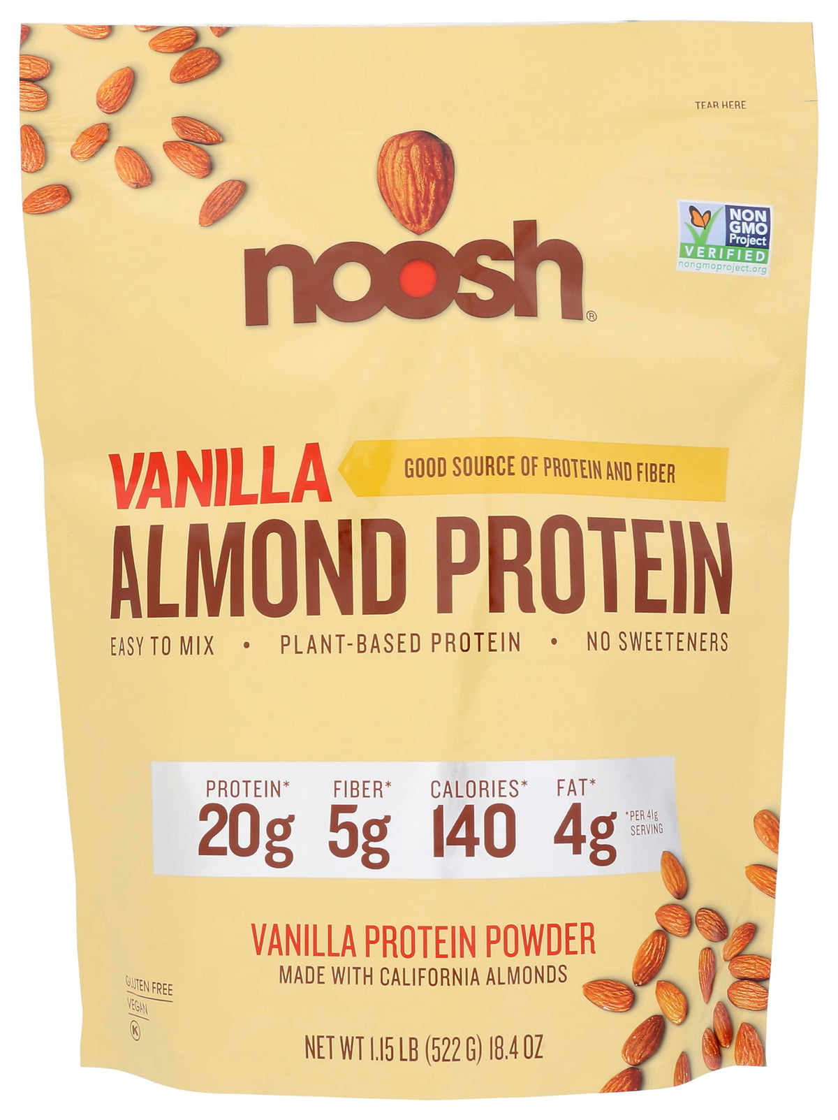 NOOSH vanilla almond protein powder jar front, premium, gluten-free formula