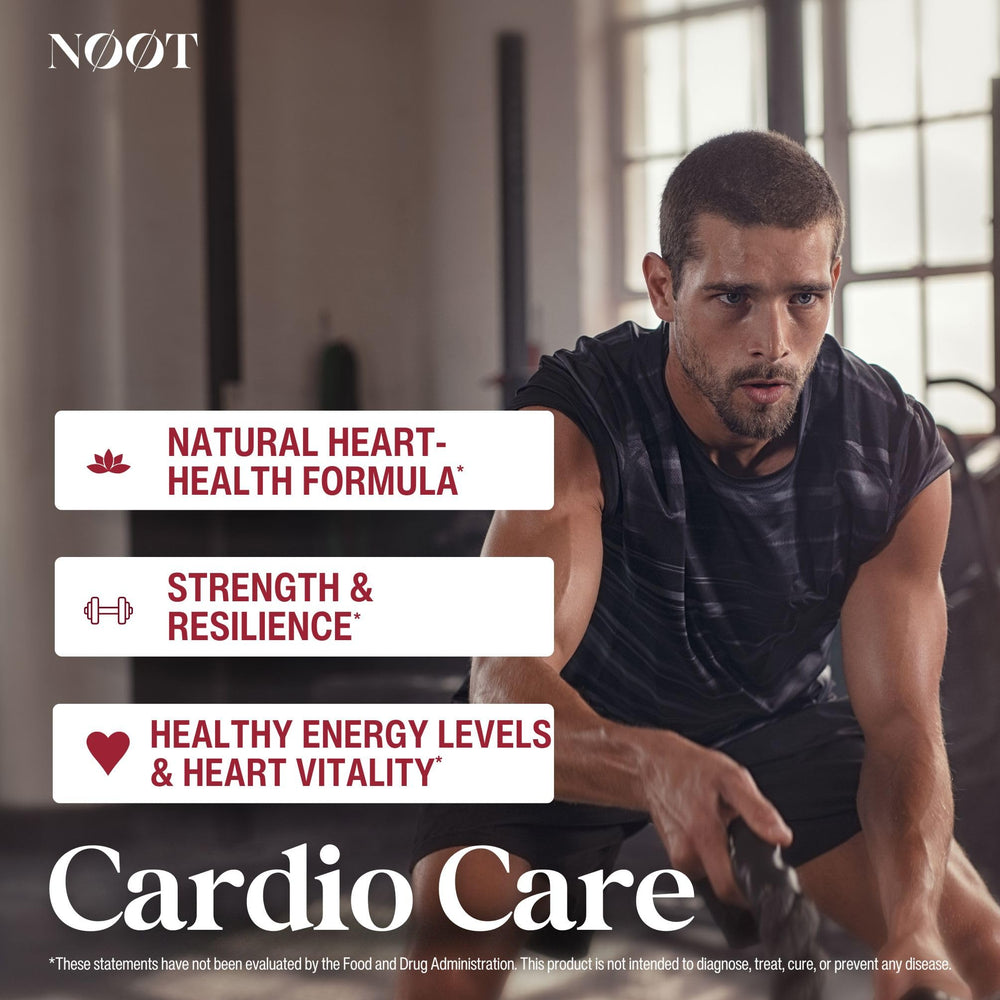 NØØT Cardio Care capsule jar open showing capsules for daily cardiovascular wellness.