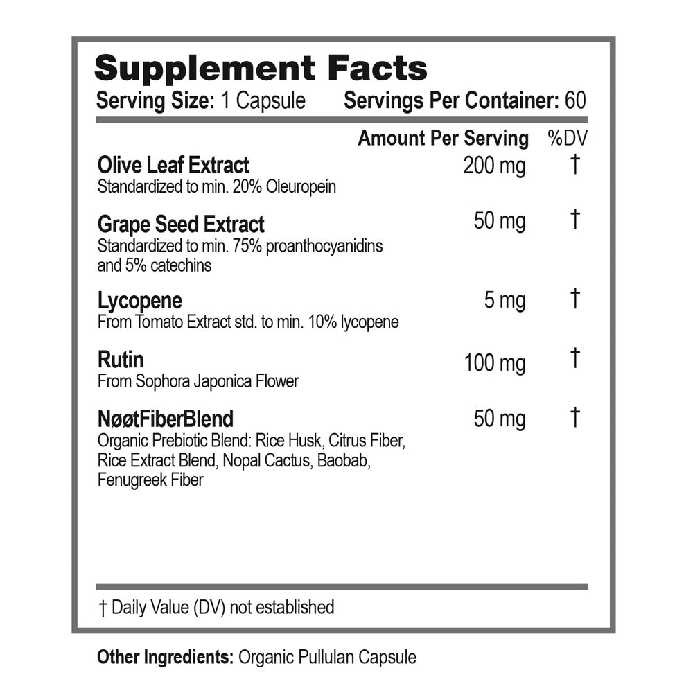 NØØT Cardio Care bottle label closeup with olive leaf and lycopene symbols.