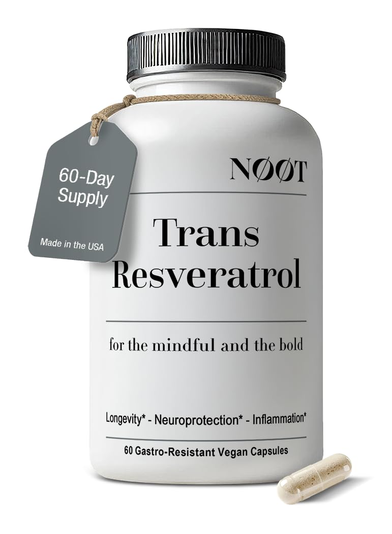 NOOT Trans-Resveratrol bottle front signals premium longevity support.