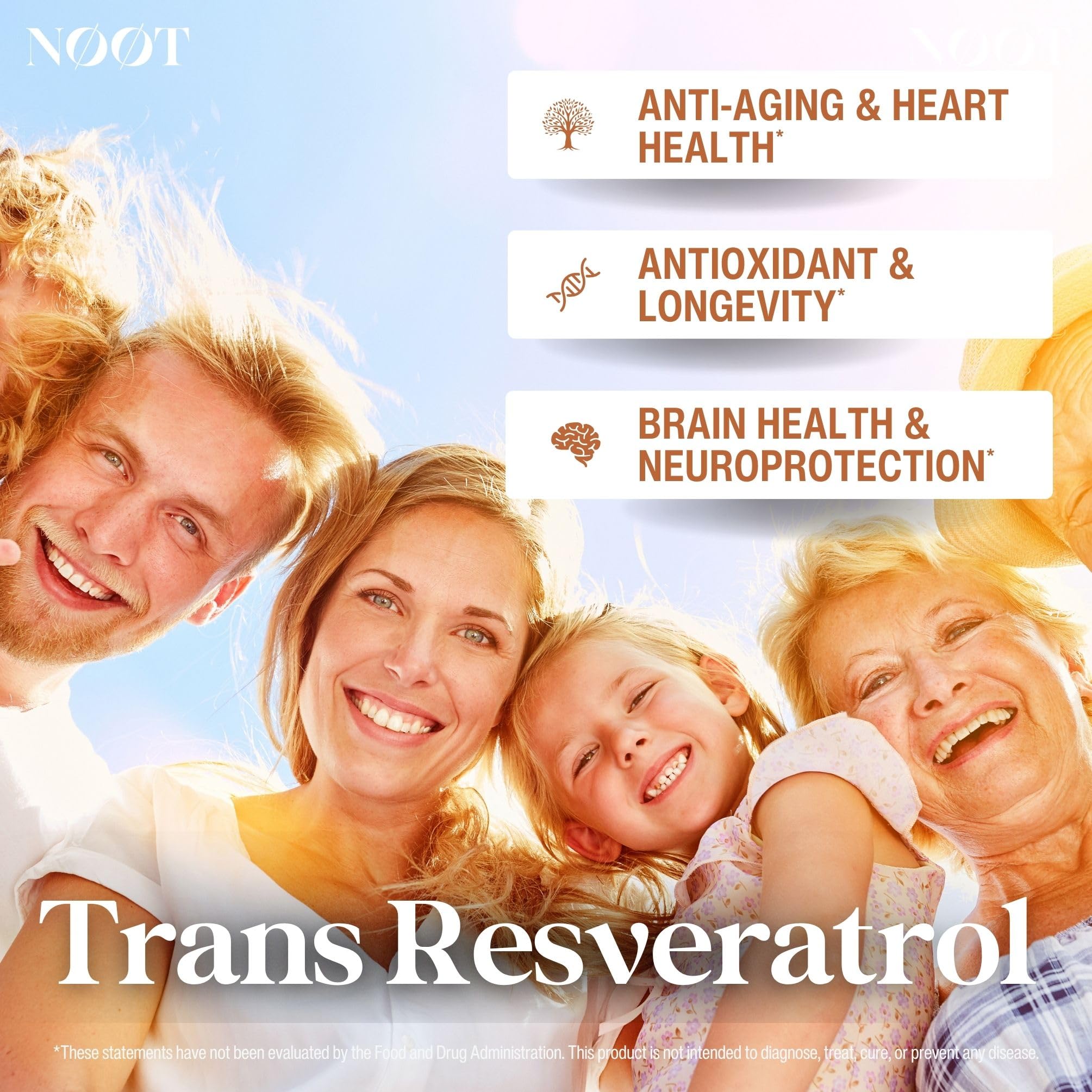 NOOT Trans-Resveratrol capsules closeup highlights easy-to-swallow daily capsules.