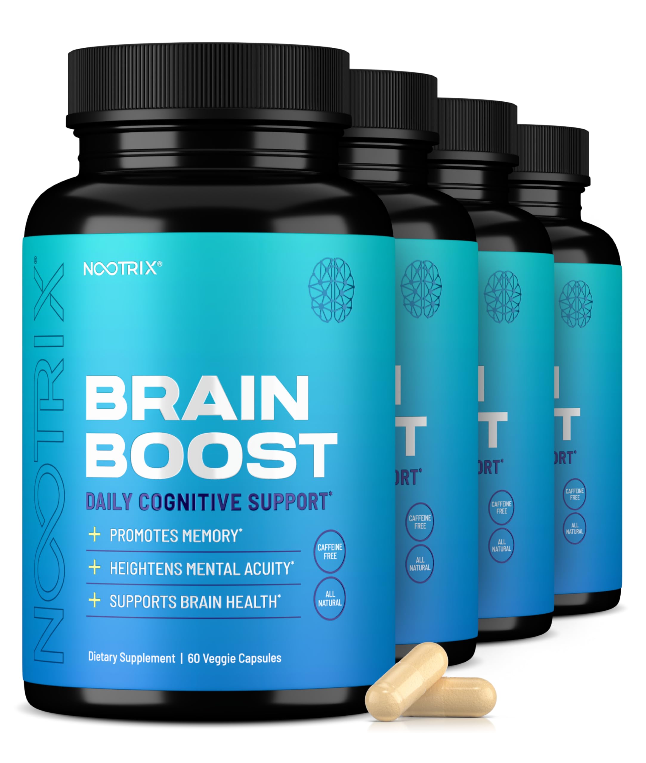 Nootrix Brain Boost bottle front view highlighting caffeine-free memory and focus support.