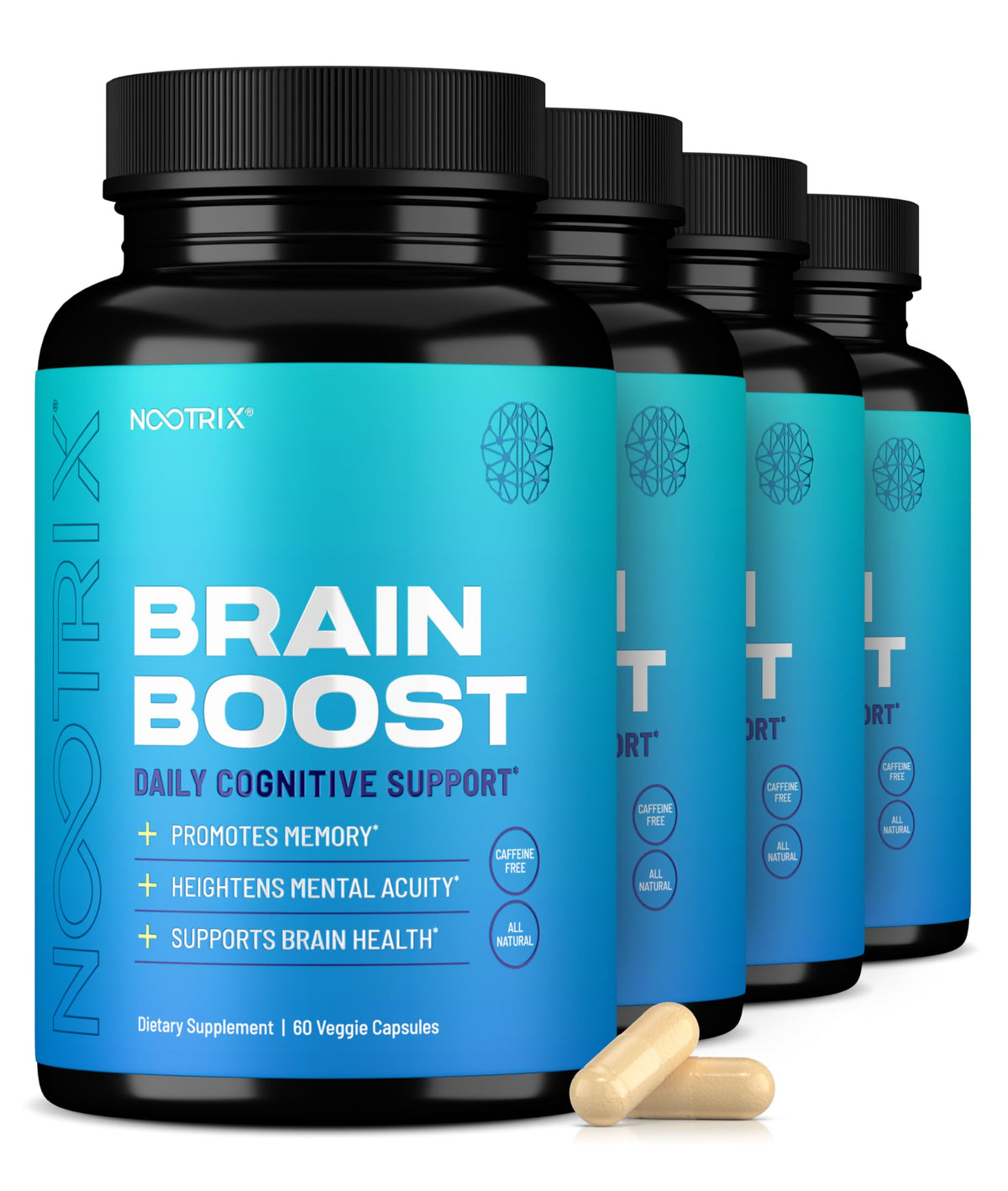 Nootrix Brain Boost bottle front view highlighting caffeine-free memory and focus support.