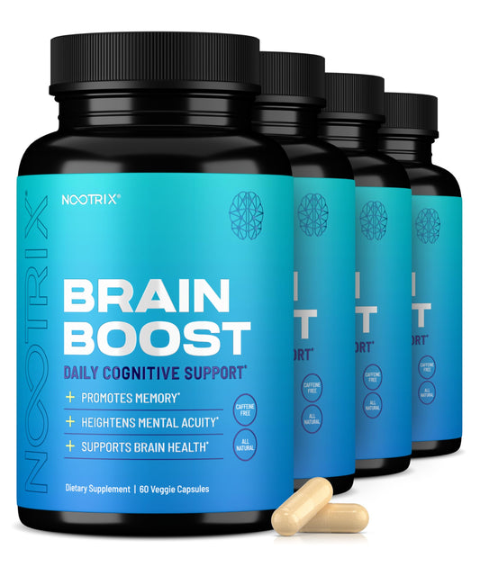 Nootrix Brain Boost bottle front view highlighting caffeine-free memory and focus support.