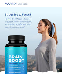 Nootrix Brain Boost capsules close-up showing the non-GMO, gluten- and dairy-free formula.