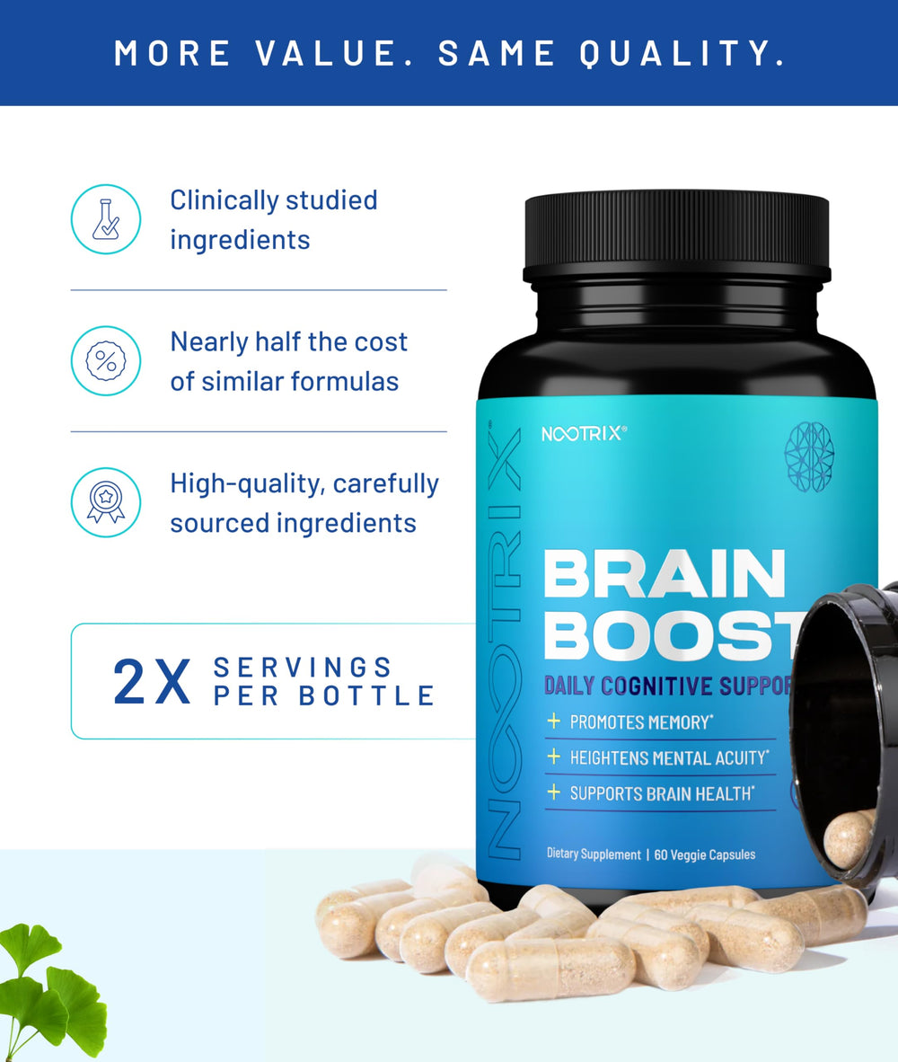 Nootrix Brain Boost packaging box communicates caffeine-free, USA-made GMP quality.