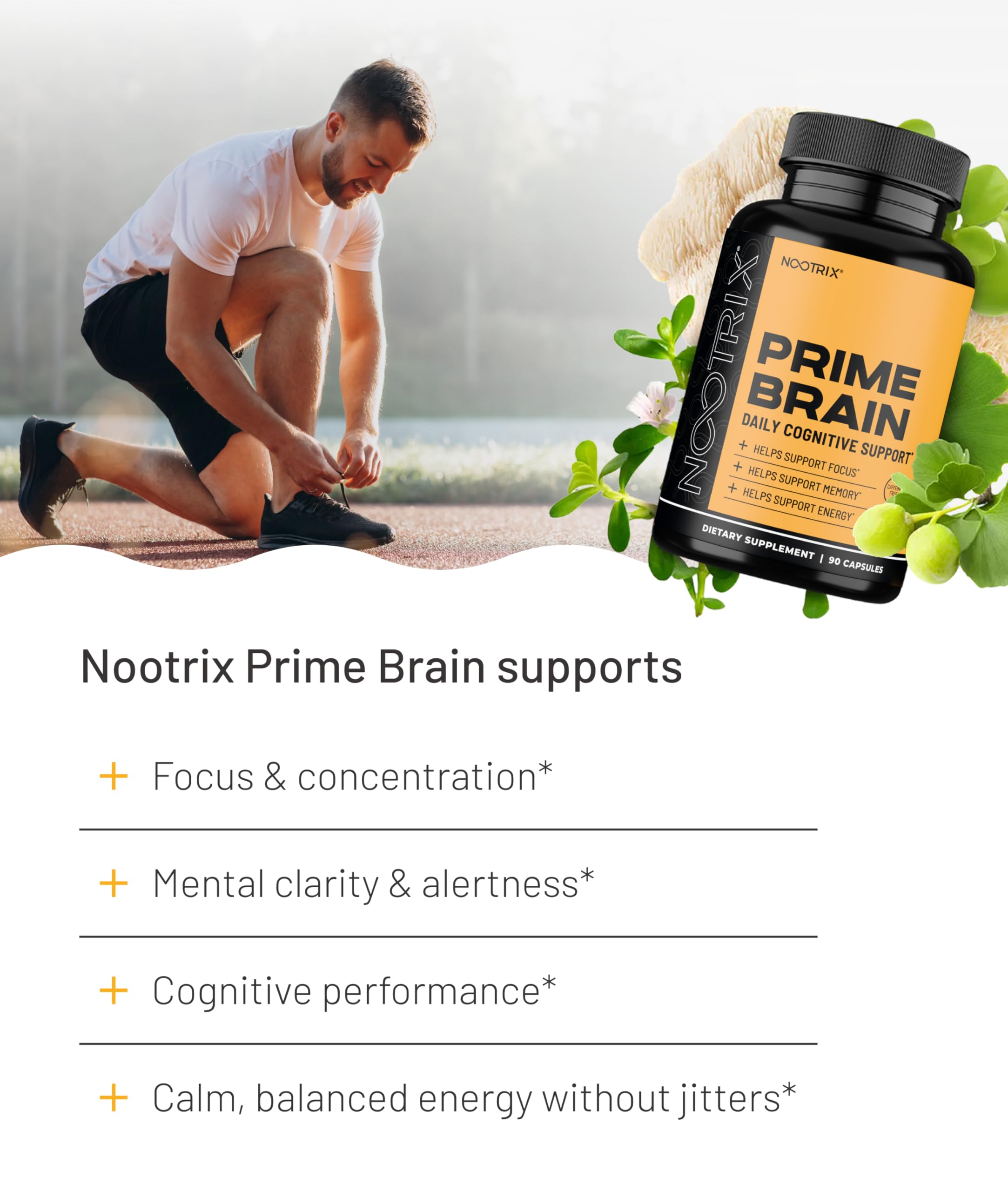 Nootrix Prime Brain bottle in amber glass emphasizing clean, non-GMO brain health formula.