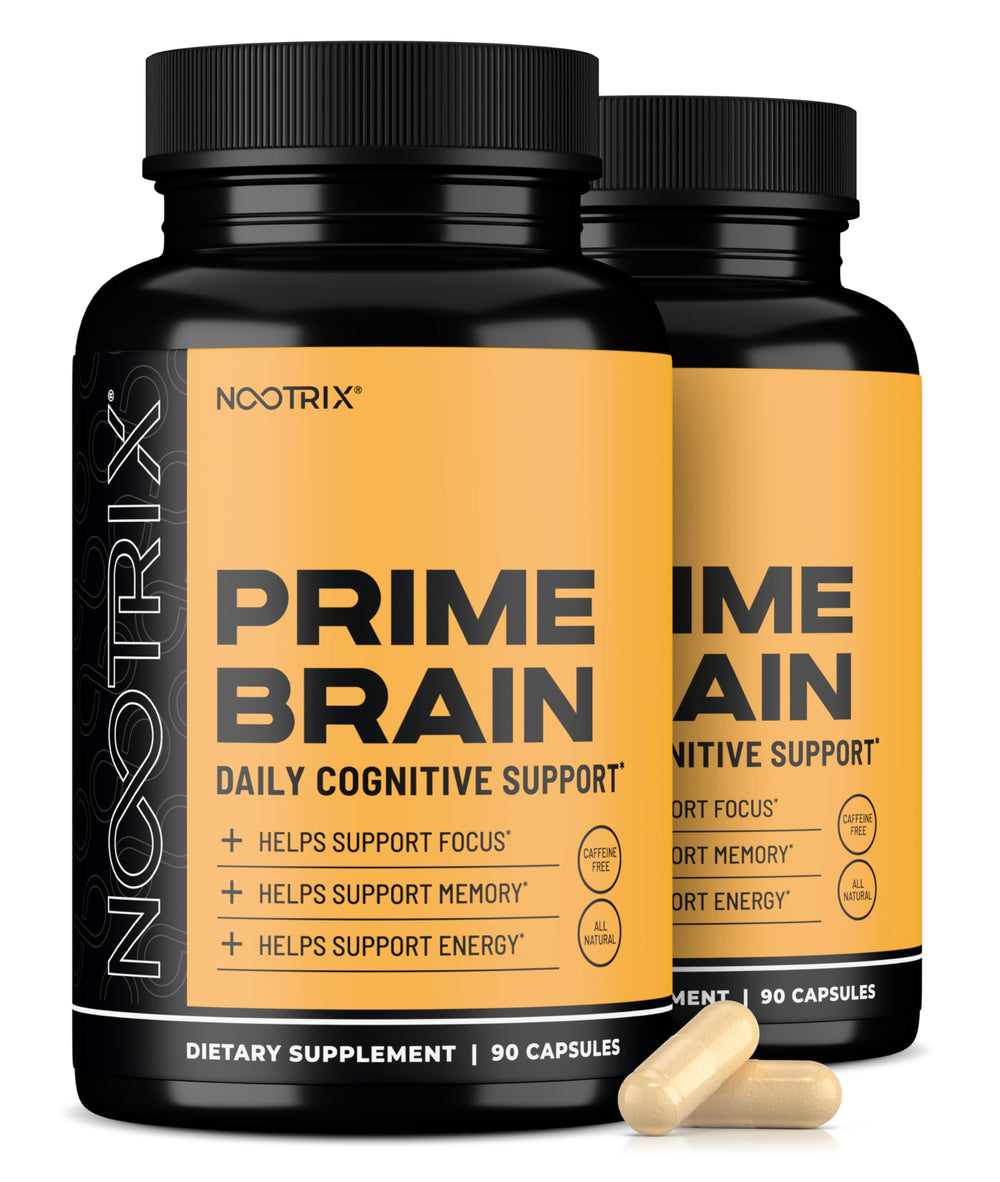 Nootrix Prime Brain capsules closeup highlighting the nootropic blend for daily focus.