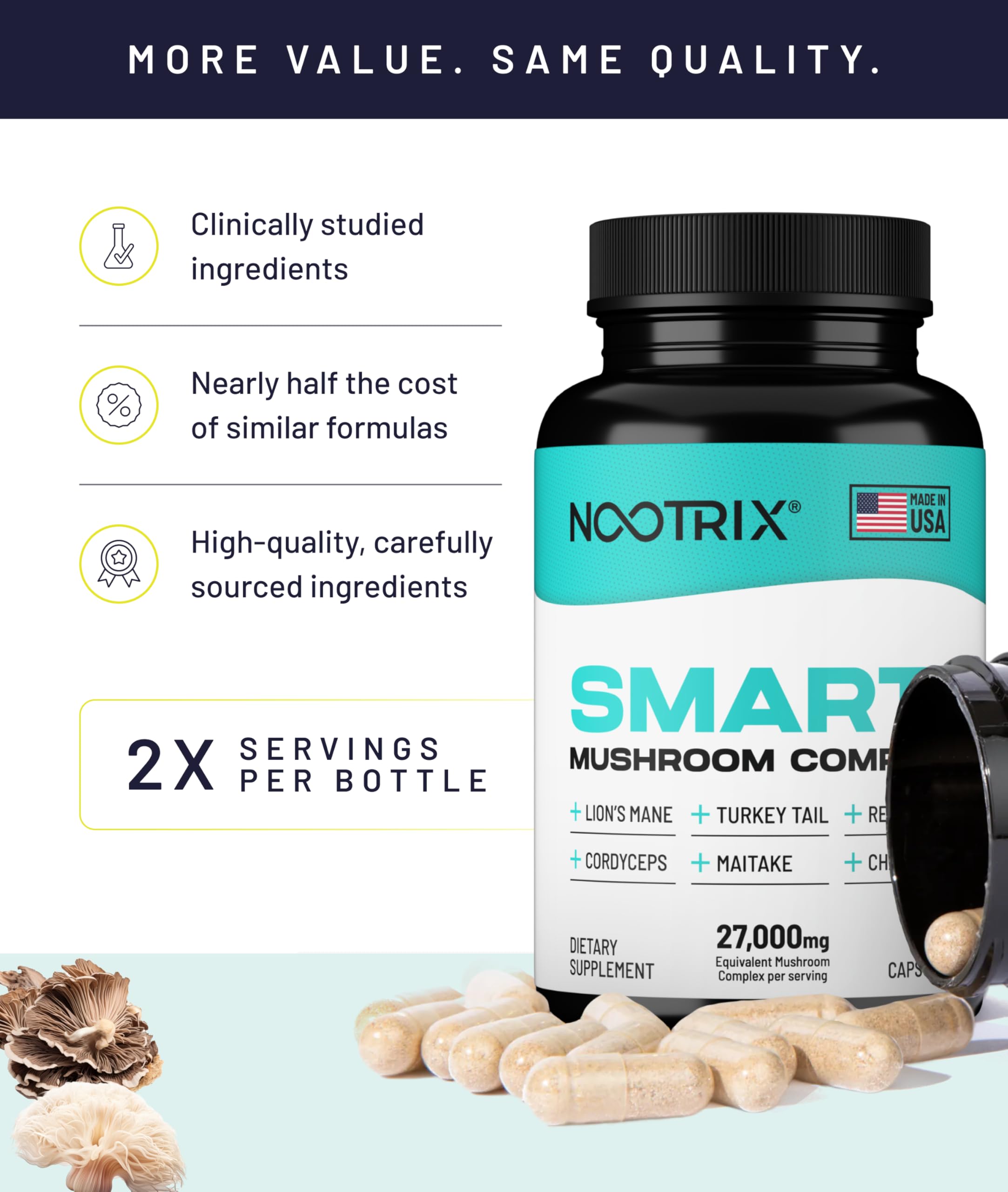 Nootrix Smart Mushrooms 20:1 extract indicates high-potency beta-glucans.