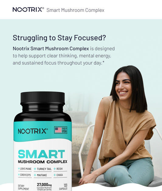 Nootrix Smart Mushrooms bottle label highlights organic, filler-free ingredients.