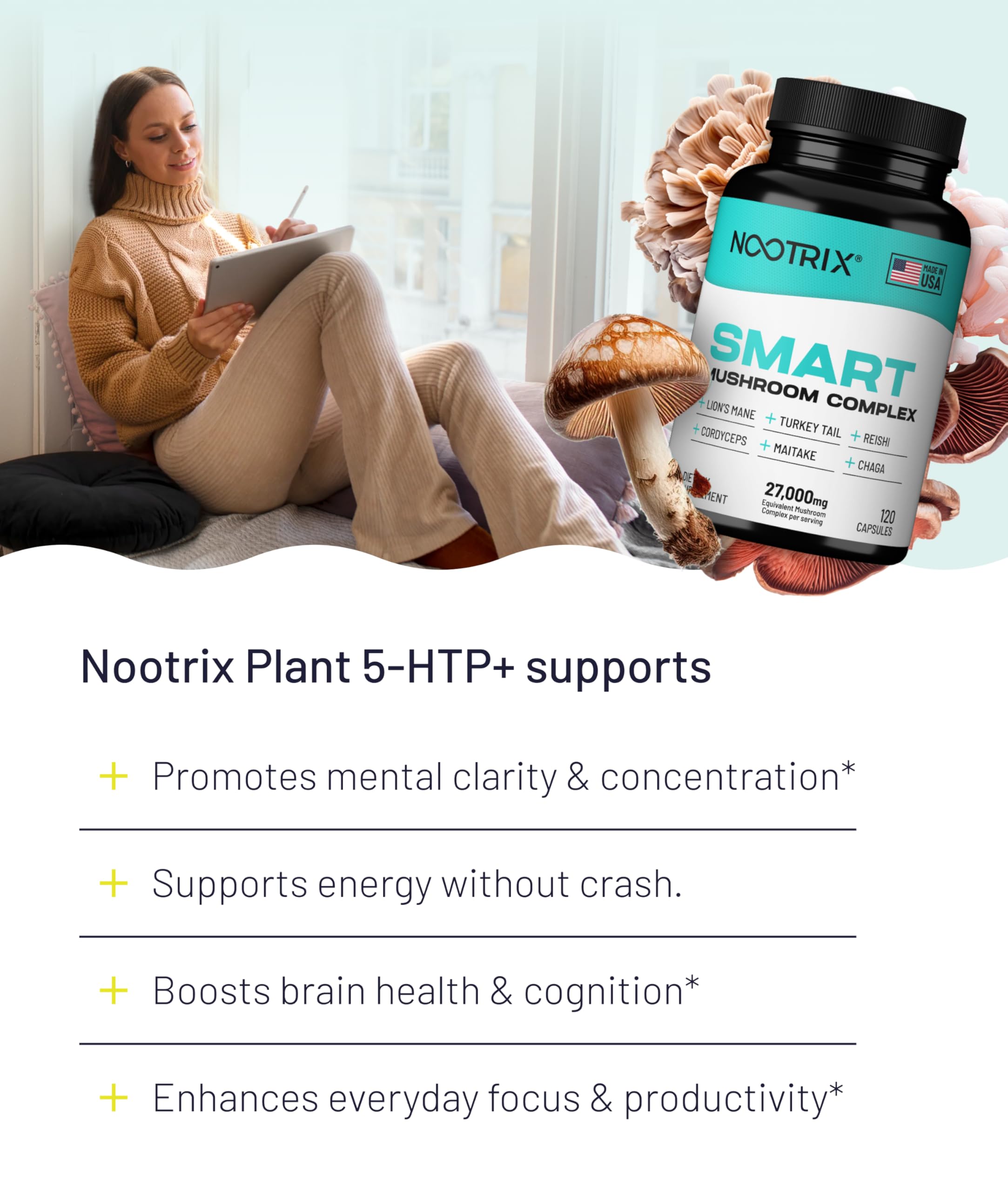 Nootrix Smart Mushrooms capsules poured for easy daily use and portability.
