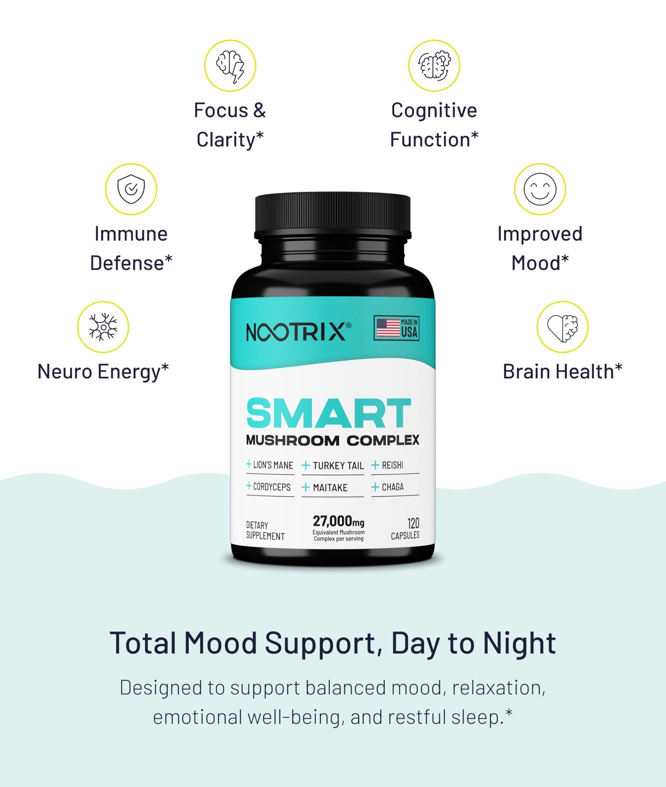 Nootrix Smart Mushrooms organic farm seal signals pure sourcing.