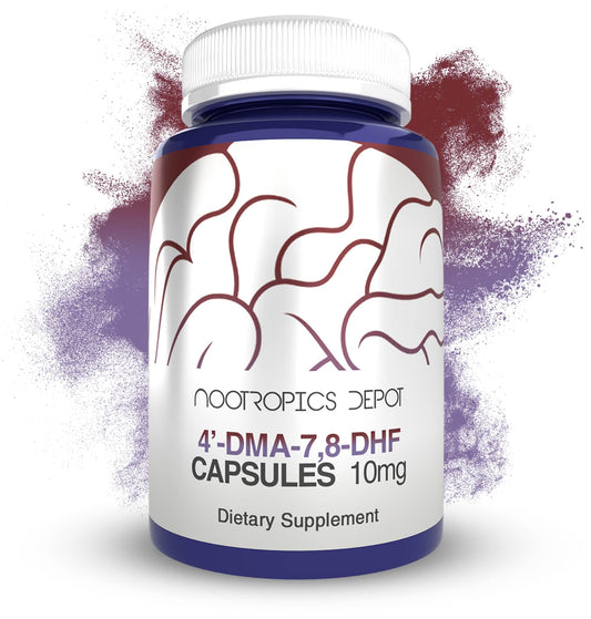 Nootropics Depot 4'-DMA-7,8-DHF bottle label shows focus-support capsules.