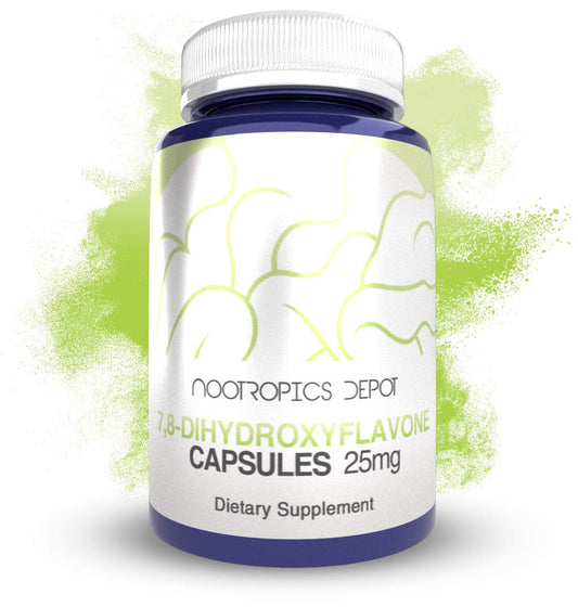 Nootropics Depot 7,8-DHF capsules on desk for daily cognitive support.