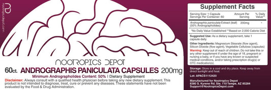 Nootropics Depot Andrographis capsules close-up showing 200 mg dose