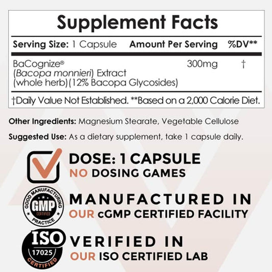 BaCognize capsules close-up showing 300 mg dosage for memory and focus