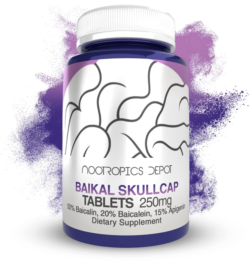 Nootropics Depot Baikal Skullcap 250mg bottle shown for daily cognitive support.
