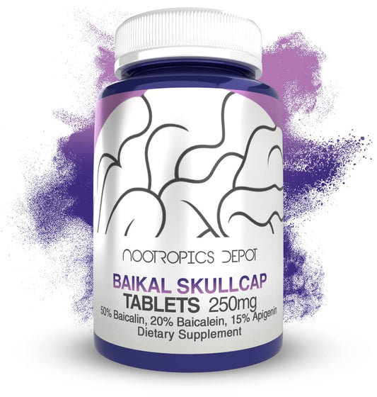Nootropics Depot Baikal Skullcap 250mg bottle shown for daily cognitive support.
