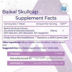 Closeup of Baikal Skullcap capsules highlighting potency per tablet.