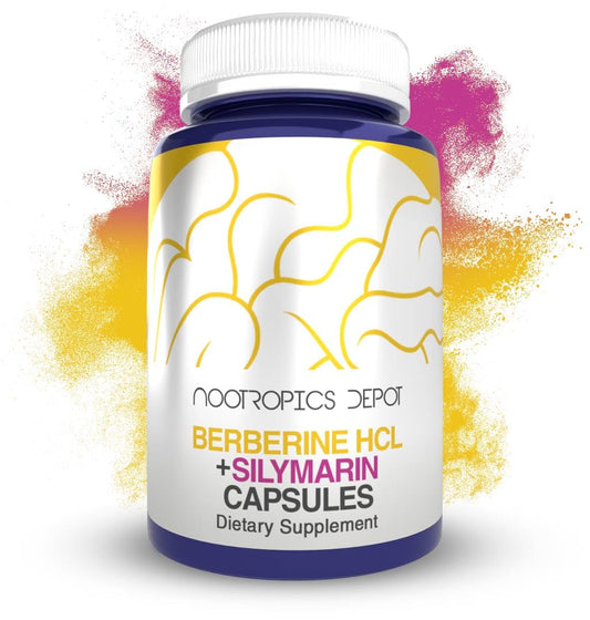 Nootropics Depot berberine HCL plus silymarin capsules bottle shows quality and potency