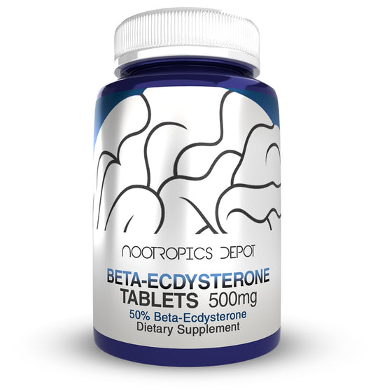 Nootropics Depot Beta Ecdysterone bottle front image showing 50% extract for potential performance support.