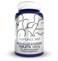 Nootropics Depot Beta Ecdysterone bottle front image showing 50% extract for potential performance support.
