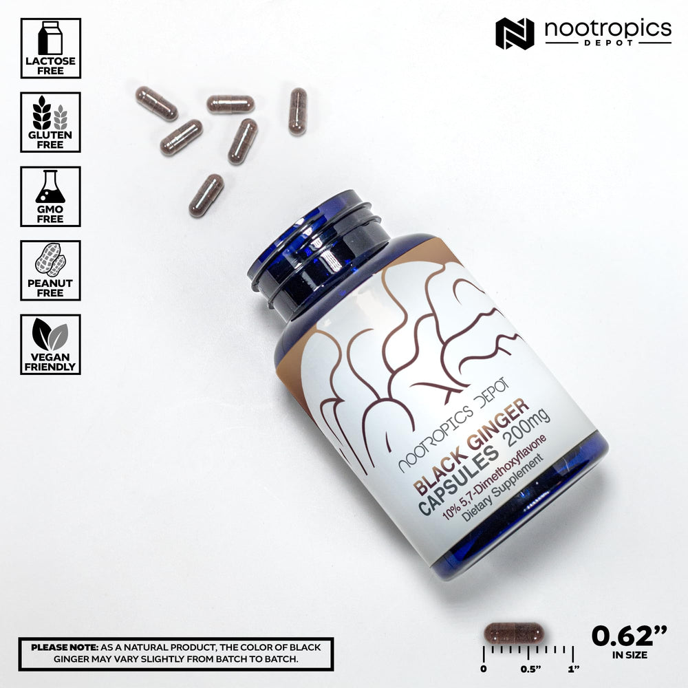 Nootropics Depot bottle side panel details standardized potency for reliable intake.