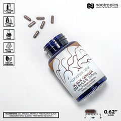 Nootropics Depot bottle side panel details standardized potency for reliable intake.