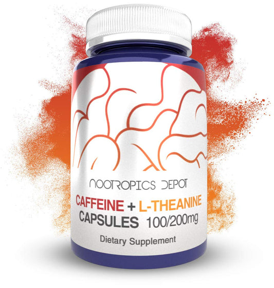 Nootropics Depot caffeine L-theanine capsules front with 180 pills for steady focus