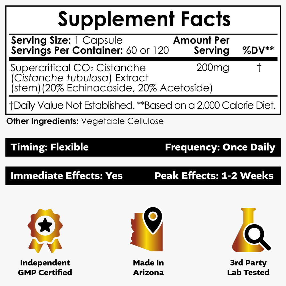 Nootropics Depot Cistanche label closeup highlights 20% Echinacoside and 20% Verbascoside.