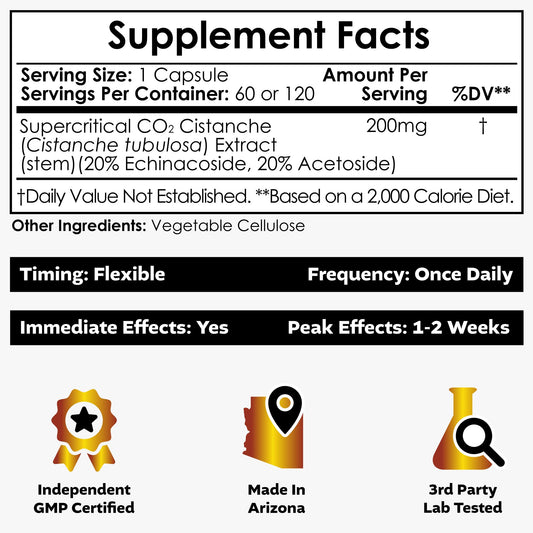 Nootropics Depot Cistanche label closeup highlights 20% Echinacoside and 20% Verbascoside.