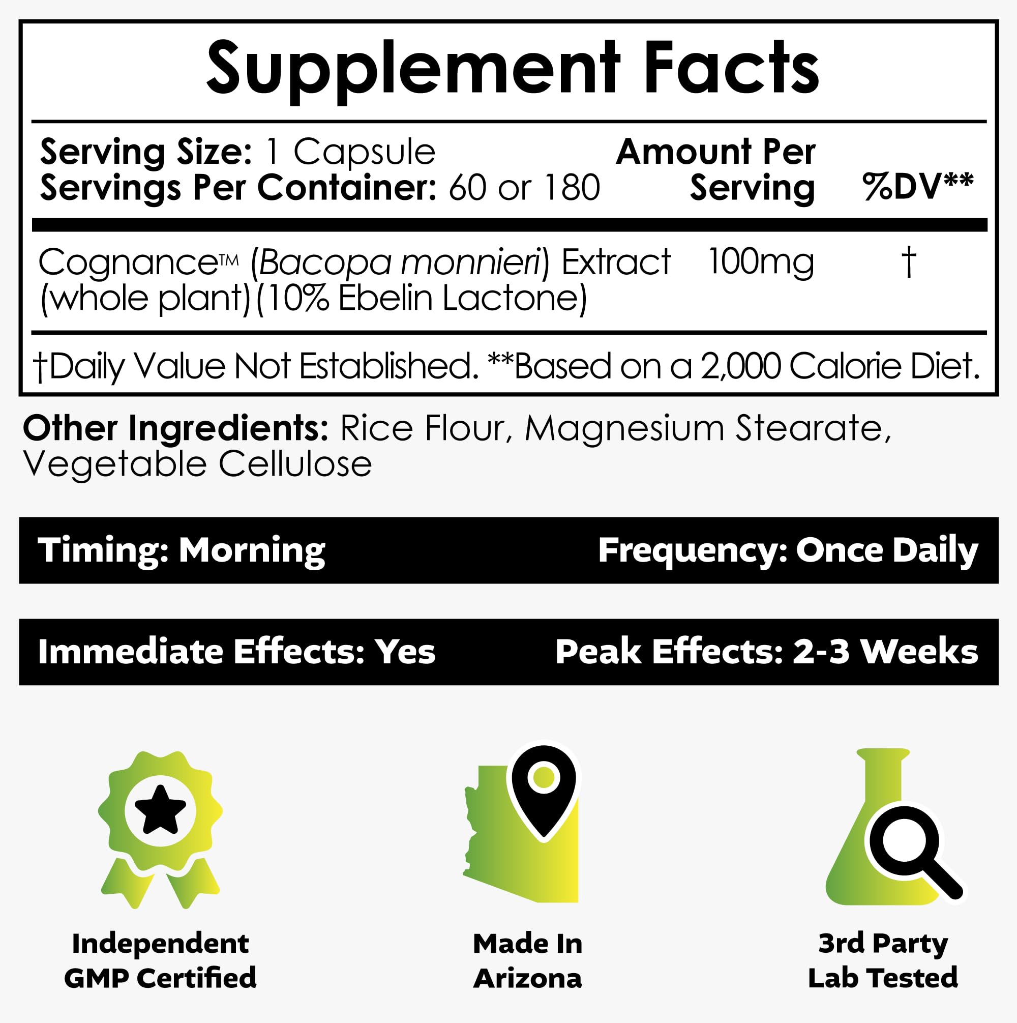 Nootropics Depot Cognance label closeup shows standardized bacopa extract and precise labeling