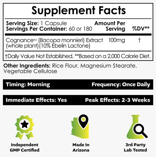 Nootropics Depot Cognance label closeup shows standardized bacopa extract and precise labeling