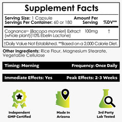 Nootropics Depot Cognance label closeup shows standardized bacopa extract and precise labeling