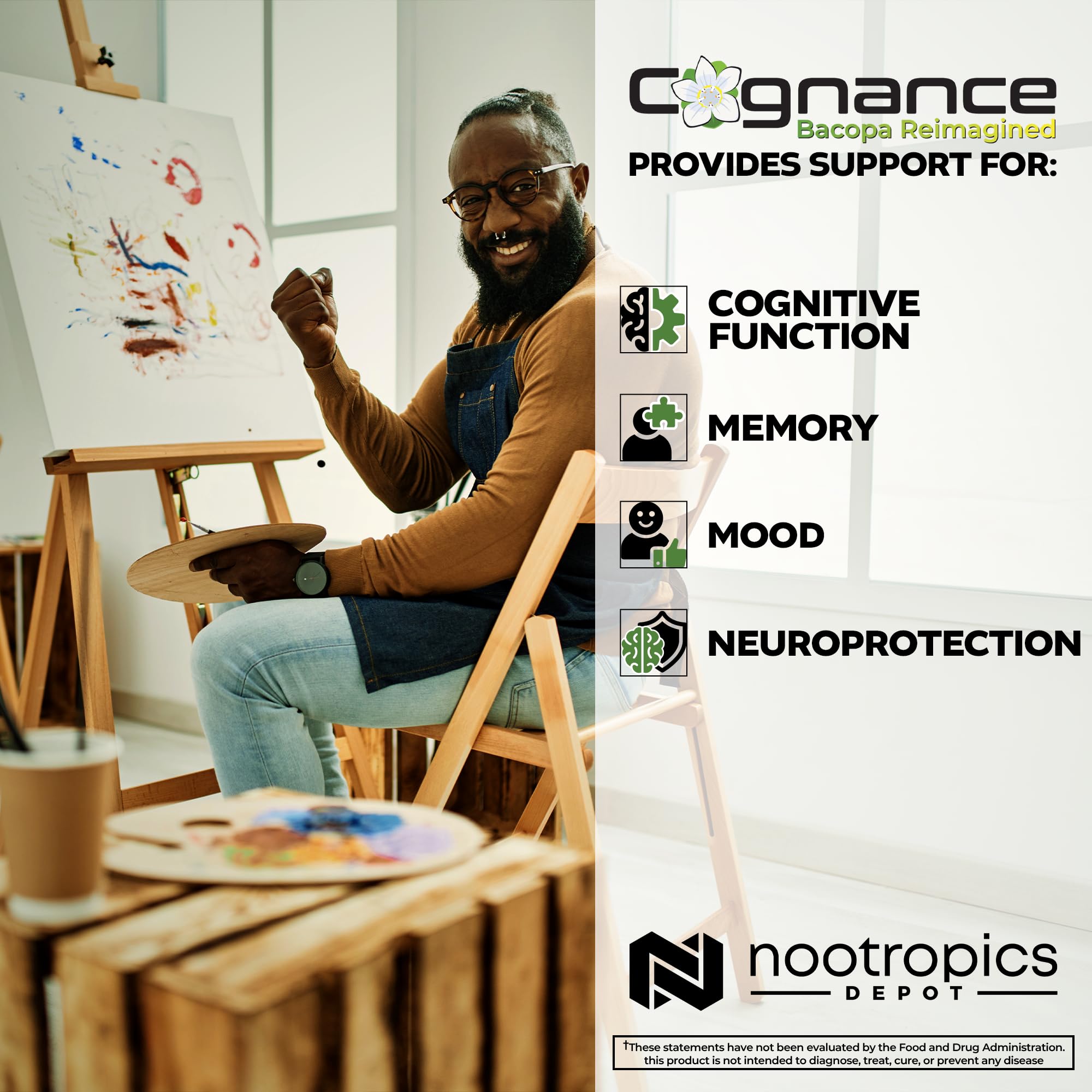 Nootropics Depot Cognance packaging box highlights 180-count bottle and value