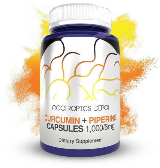 Nootropics Depot Curcumin + Piperine bottle shows high-potency formula for daily use