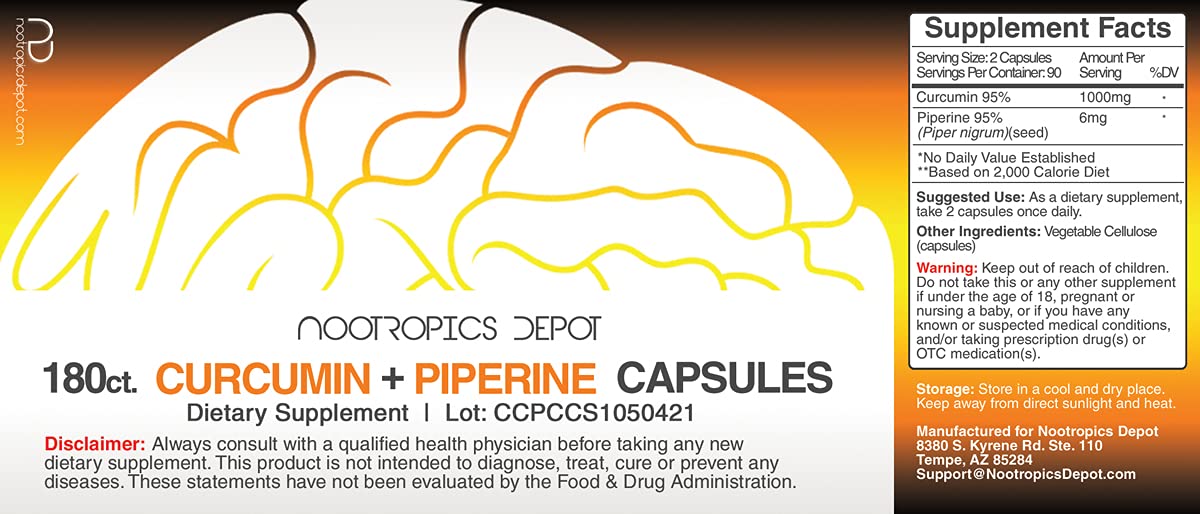Nootropics Depot Curcumin + Piperine label emphasizes potency and easy daily dosing