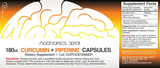 Nootropics Depot Curcumin + Piperine label emphasizes potency and easy daily dosing
