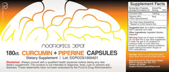 Nootropics Depot Curcumin + Piperine label emphasizes potency and easy daily dosing