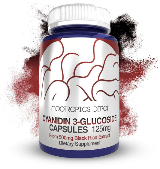 Nootropics Depot Cyanidin 3-Glucoside capsules bottle promotes cognitive support and focus.