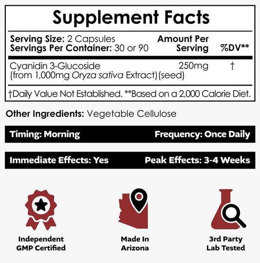 Nootropics Depot Cyanidin-3-Glucoside capsules label with clear ingredients