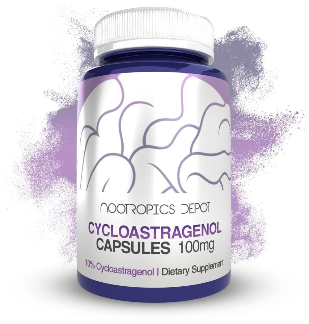 Nootropics Depot Cycloastragenol label close-up for cellular health support.
