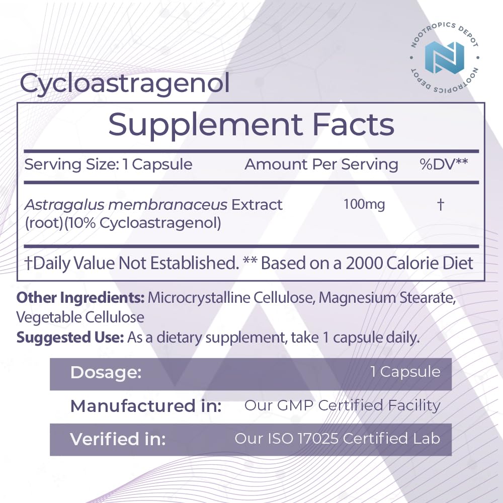 Nootropics Depot Cycloastragenol 100mg capsules bottle supports cognitive focus.
