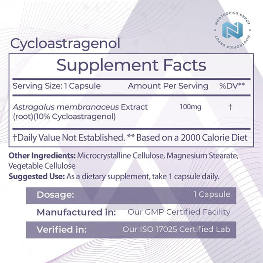 Nootropics Depot Cycloastragenol 100mg capsules bottle supports cognitive focus.