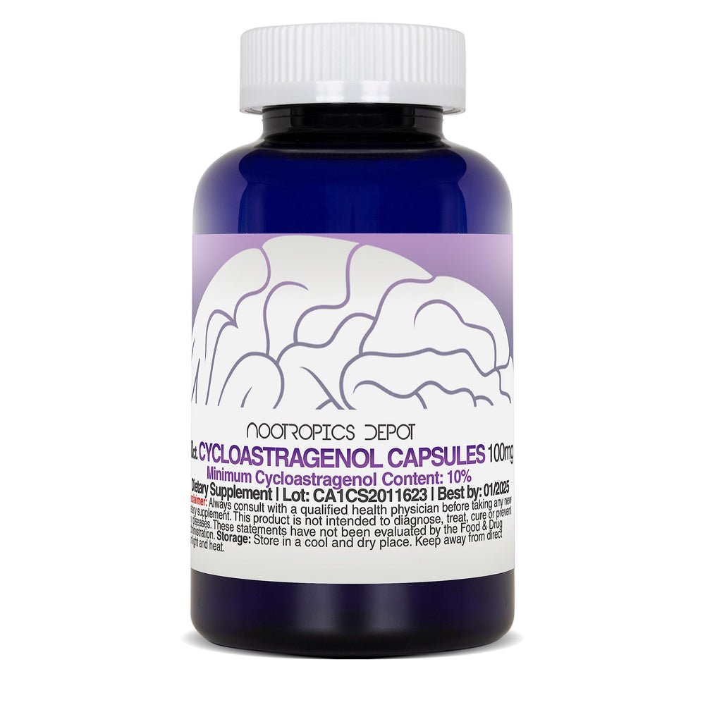 Nootropics Depot Cycloastragenol capsules on-pack shot highlights telomere support.