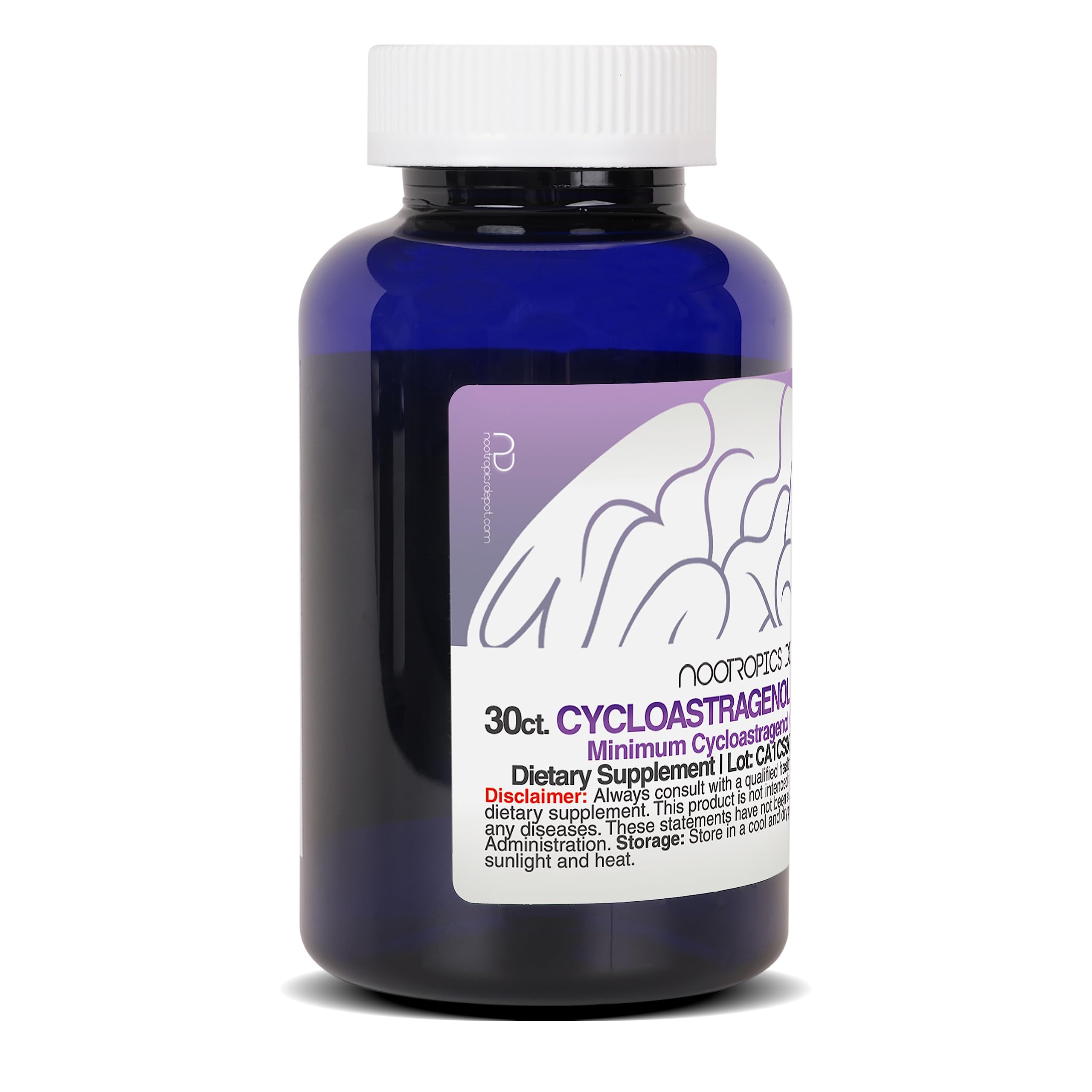 Nootropics Depot Cycloastragenol ingredients panel emphasizes purity and lab-tested quality.