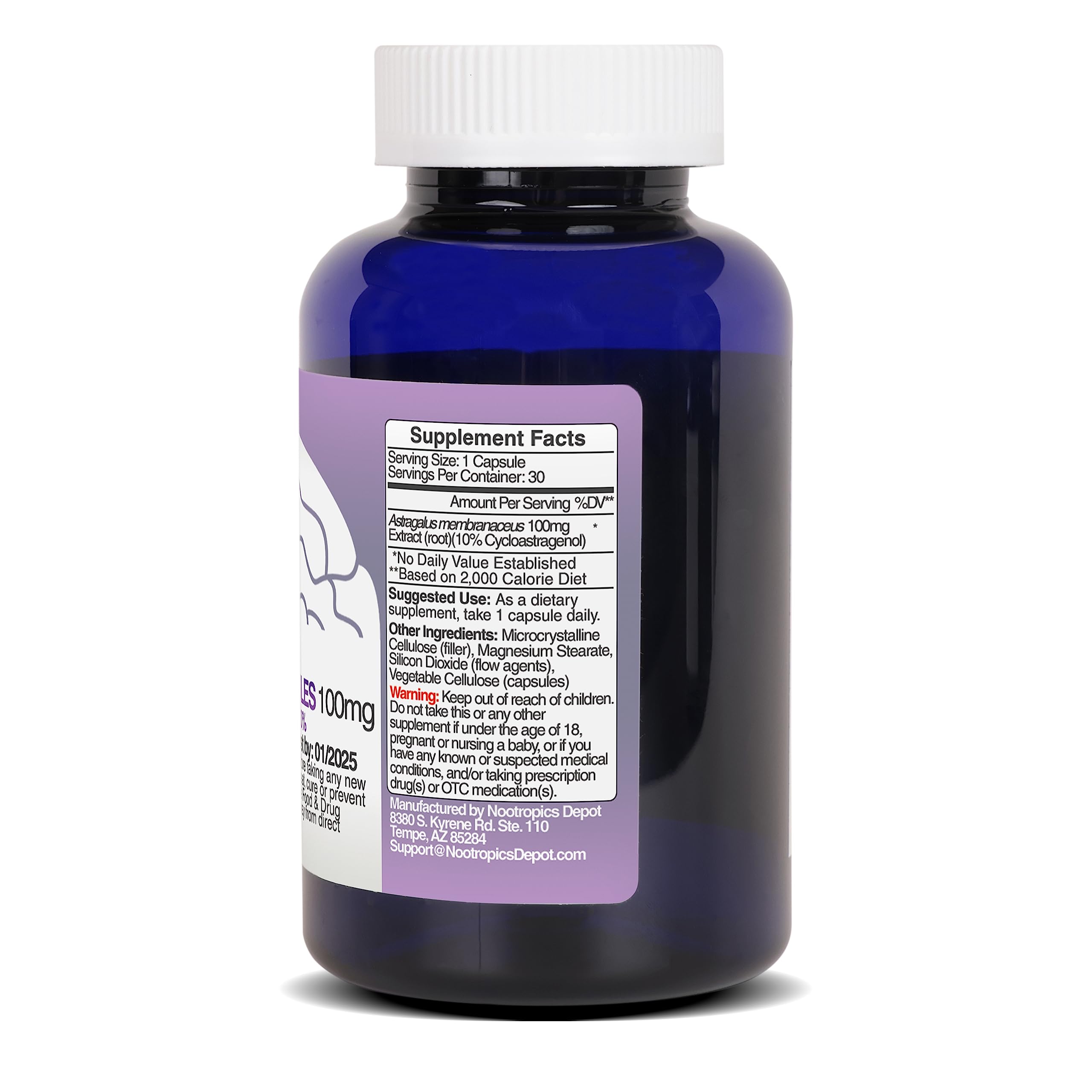 Nootropics Depot Cycloastragenol capsules close-up promotes cellular aging insights.
